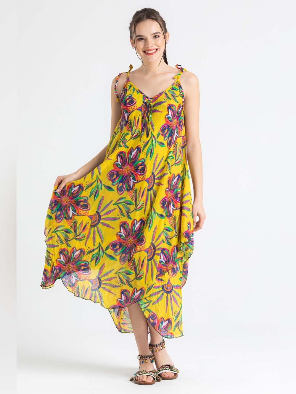 Perla Blanca Yellow Floral Tie-Shoulder Swing Dress Tropical Vacay
